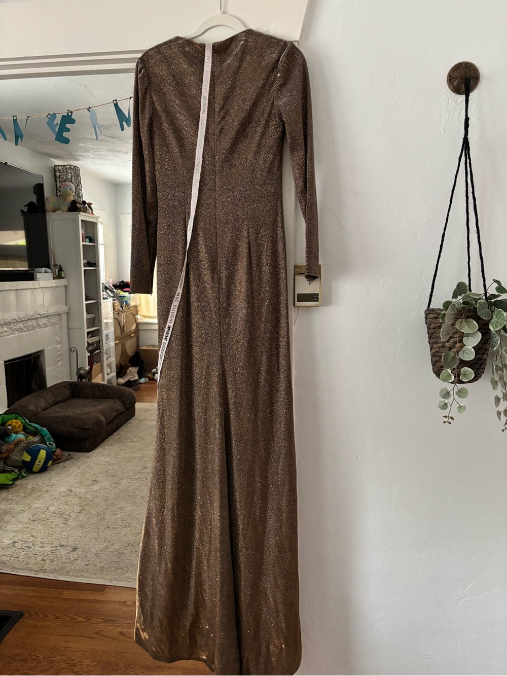 Mac Duggal Metallic Bronze Long Sleeve Knot-Front Gown - Picture 7 of 10
